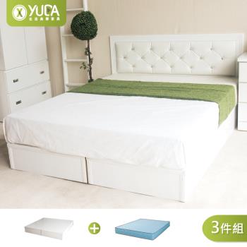 【YUDA 生活美學】黛曼特純白色 房間組三件組 ( 床頭片+加厚六分床底+獨立筒床墊 ) 雙人加大6尺