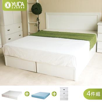 【YUDA 生活美學】純白色 房間組四件組 (床頭片+加厚六分床底+獨立筒床墊+床頭櫃) 雙人加大6尺