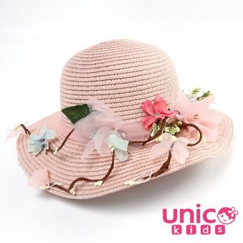UNICO UNICO 兒童 時尚媽咪最愛夏季女童可折疊遮陽帽/草帽/沙灘帽-粉圓邊花朵