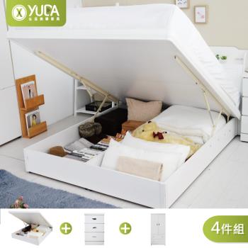 【YUDA 生活美學】純白色 房間組四件組 (床頭片+掀床+床頭櫃+衣櫃) 雙人加大6尺