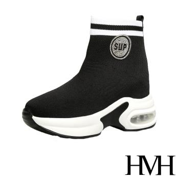 【HMH】休閒鞋 厚底休閒鞋/個性撞色飛織襪套設計氣墊厚底內增高時尚休閒鞋 黑