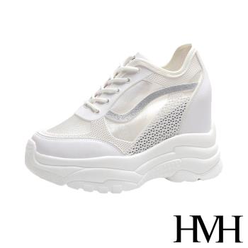 【HMH】厚底鞋 厚底小白鞋/個性金蔥流線拼接透氣網布時尚內增高厚底小白鞋 銀