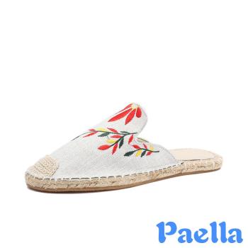 【Paella】拖鞋 平底拖鞋/復古刺繡草編平底包頭拖鞋 白
