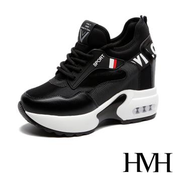 【HMH】休閒鞋 厚底休閒鞋/時尚運動風個性織帶拼接氣墊厚底內增高休閒鞋 黑