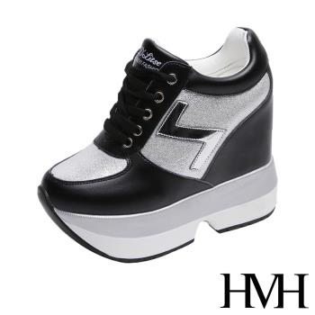 【HMH】休閒鞋 厚底休閒鞋 /璀璨亮面金屬皮革拼接閃電造型內增高厚底休閒鞋 黑