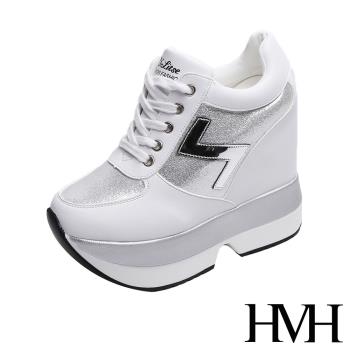 【HMH】休閒鞋 厚底休閒鞋 /璀璨亮面金屬皮革拼接閃電造型內增高厚底休閒鞋 白