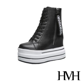 【HMH】帆布鞋 厚底帆布鞋/潮流復古時尚百搭繫帶厚底內增高高筒帆布鞋 黑