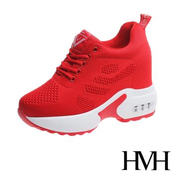 【HMH】休閒鞋 厚底休閒鞋/舒適透氣飛織英文印字織帶拼接氣墊內增高厚底休閒鞋 紅