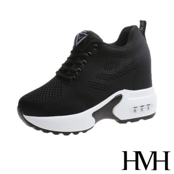 【HMH】休閒鞋 厚底休閒鞋/舒適透氣飛織英文印字織帶拼接氣墊內增高厚底休閒鞋 黑