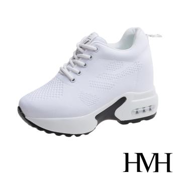 【HMH】休閒鞋 厚底休閒鞋/舒適透氣飛織英文印字織帶拼接氣墊內增高厚底休閒鞋 白黑
