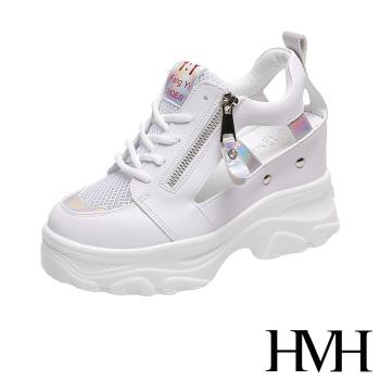 【HMH】休閒鞋 亮皮休閒鞋/時尚運動風亮皮拼接縷空造型內增高時尚休閒鞋 白
