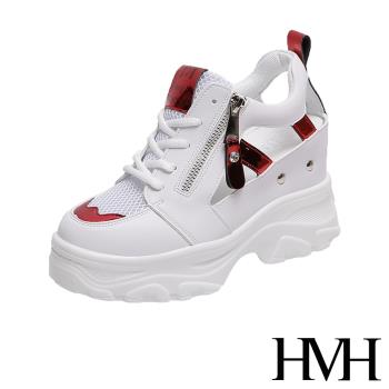 【HMH】休閒鞋 亮皮休閒鞋/時尚運動風亮皮拼接縷空造型內增高時尚休閒鞋 紅