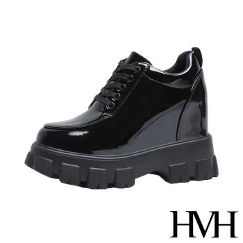 【HMH】休閒鞋 厚底休閒鞋/時尚質感亮皮運動風粗跟厚底造型內增高休閒鞋 黑
