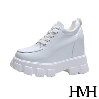 【HMH】休閒鞋 厚底休閒鞋/時尚質感亮皮運動風粗跟厚底造型內增高休閒鞋 白