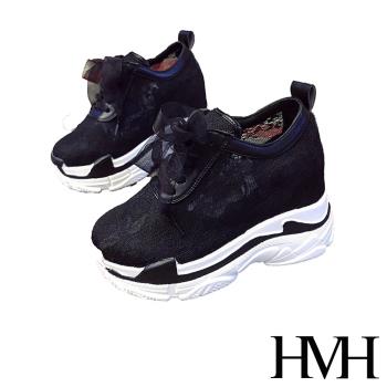 【HMH】休閒鞋 厚底休閒鞋/唯美蕾絲網布拼接內增高厚底休閒鞋 黑