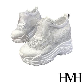【HMH】休閒鞋 厚底休閒鞋/唯美蕾絲網布拼接內增高厚底休閒鞋 白