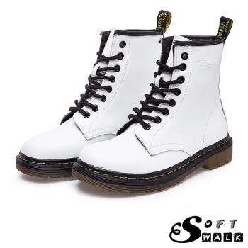 【soft walk】短靴 馬丁靴/歐美經典款8孔綁帶真皮馬丁靴 短靴 工程靴 白