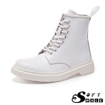 【soft walk】短靴 馬丁靴/歐美經典款8孔綁帶真皮馬丁靴 短靴 工程靴 純白