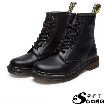 【soft walk】短靴 馬丁靴/歐美經典款8孔綁帶真皮馬丁靴 短靴 工程靴 黑