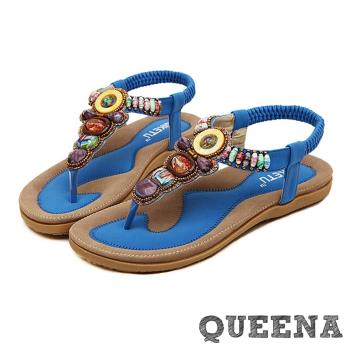 【queena】涼鞋 羅馬涼鞋/繽紛寶石時尚民族風串珠T字羅馬涼鞋 藍