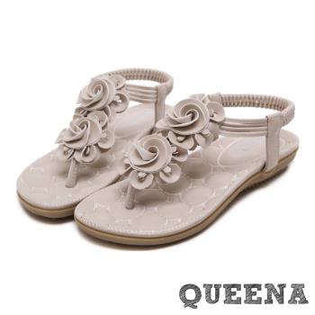【queena】涼鞋 平底涼鞋/甜美立體玫瑰造型T字舒適平底涼鞋 米