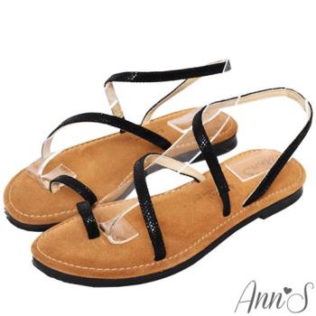 Ann’S水洗牛皮-時髦蛇紋顯瘦曲線寬版平底涼鞋-黑