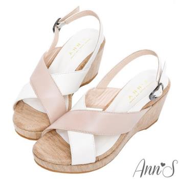 Ann’S顯瘦時刻-撞色交叉小羊皮輕盈楔型厚底涼鞋-粉(版型偏小)