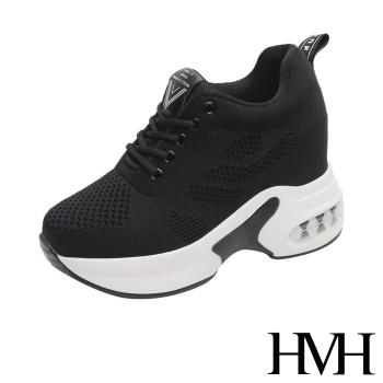 【HMH】休閒鞋 厚底休閒鞋/透氣飛織網布造型百搭氣墊厚底內增高休閒鞋 黑