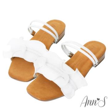 Ann’S水洗牛皮-立體白色蕾絲兩穿木紋跟方頭涼鞋-白