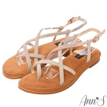 Ann’S水洗牛皮-美式女孩夾腳寬版平底涼鞋-米