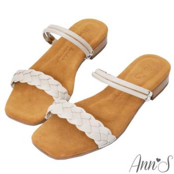 Ann’S水洗牛皮-前編織帶兩穿木紋跟方頭涼鞋-杏