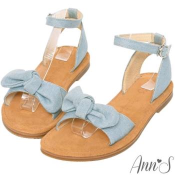 Ann’S水洗牛皮-甜美扭結寬版平底涼鞋-淺藍