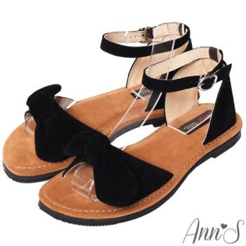 Ann’S水洗牛皮-甜美扭結寬版平底涼鞋-黑