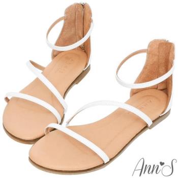 Ann’S黃金比例三條帶-頂級牛皮後拉鍊平底涼鞋(版型偏小)-白