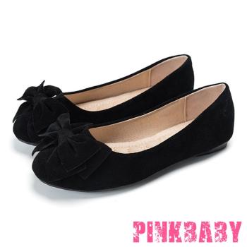 【PINKBABY】豆豆鞋 平底鞋/可愛圓頭立體大蝴蝶結舒適平底豆豆鞋 黑
