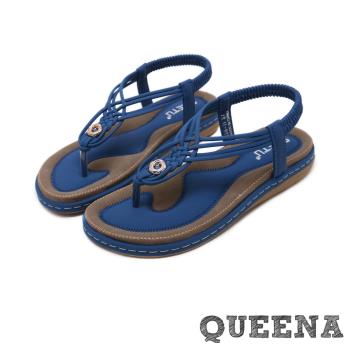 【QUEENA】涼鞋 羅馬涼鞋/個性時尚線繩編織T字經典平底羅馬涼鞋 藍