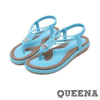【QUEENA】涼鞋 羅馬涼鞋/個性時尚線繩編織T字經典平底羅馬涼鞋 水藍