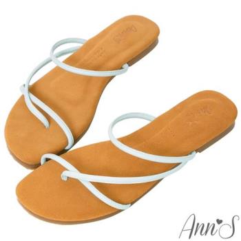 Ann’S水洗牛皮-簡單不簡單圓條夾腳細帶小羊皮平底涼拖鞋-藍