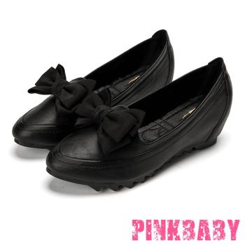 【PINKBABY】便鞋 平底鞋/時尚內增高小尖頭立體蝴蝶結飾平底便鞋 黑