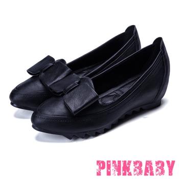 【PINKBABY】便鞋 平底鞋/時尚內增高個性蝴蝶結飾平底便鞋 黑