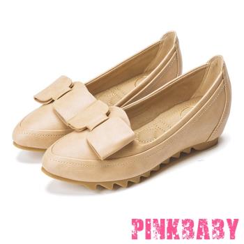 【PINKBABY】便鞋 平底鞋/時尚內增高個性蝴蝶結飾平底便鞋 杏