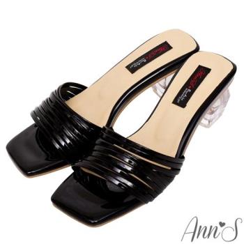 Ann’S氣質小仙女-多重細帶水晶透明跟方頭涼拖鞋-黑(版型偏小)