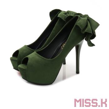 【miss.k】跟鞋 高跟鞋/絨面魚口露趾大蝴蝶結造型防水台性感高跟鞋 綠 (2款任選)