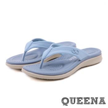 【QUEENA】拖鞋 人字拖鞋/舒適機能軟Q厚底經典人字拖鞋 藍