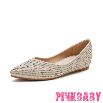 【PINKBABY】低跟鞋 尖頭低跟鞋/個性鉚釘線條裝飾尖頭軟底內增高低跟單鞋 金