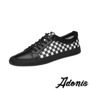 【Adonis】板鞋 休閒板鞋/真皮復古撞色格紋拼接時尚休閒板鞋 黑