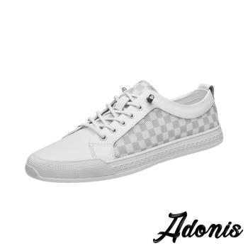 【Adonis】板鞋 休閒板鞋/真皮復古撞色格紋拼接時尚休閒板鞋 白