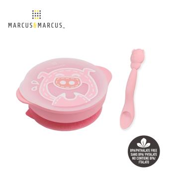 【MARCUS&MARCUS】小寶貝自主學習吸盤碗含蓋+餵食湯匙-粉紅豬