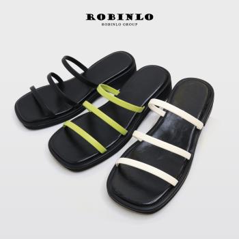 Robinlo率性寬楦簡約細帶低跟涼拖鞋CONNELL-黑色/綠色/米白色