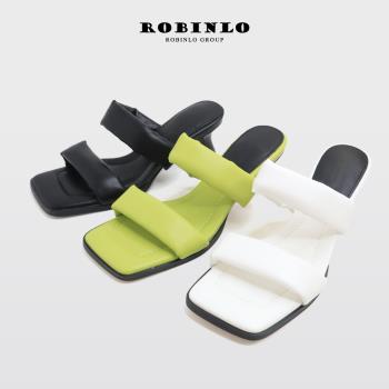 Robinlo舒適雲朵寬帶方頭粗跟涼拖鞋SPENCE-黑色/綠色/白色